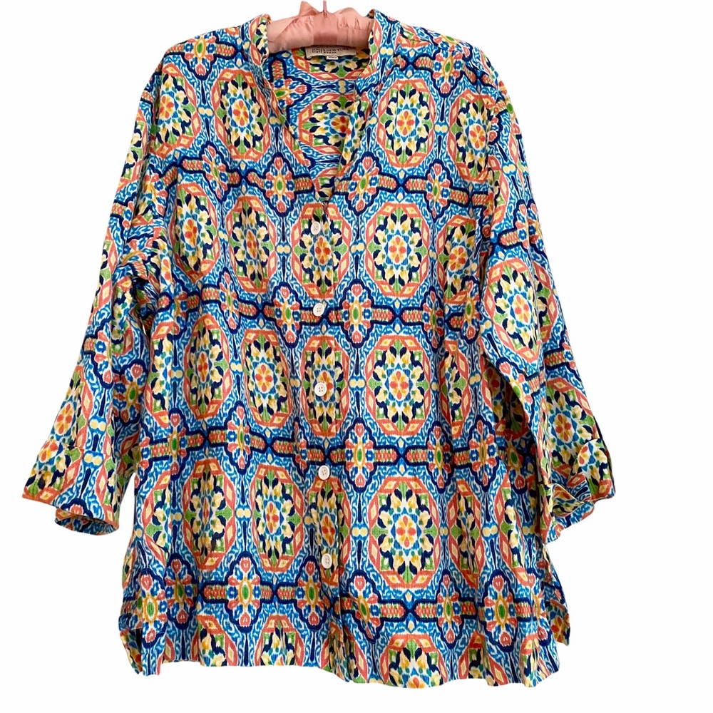 Jones New York Sport Woman 2X 100% Linen Boho Chic Mandarin Collar Blouse